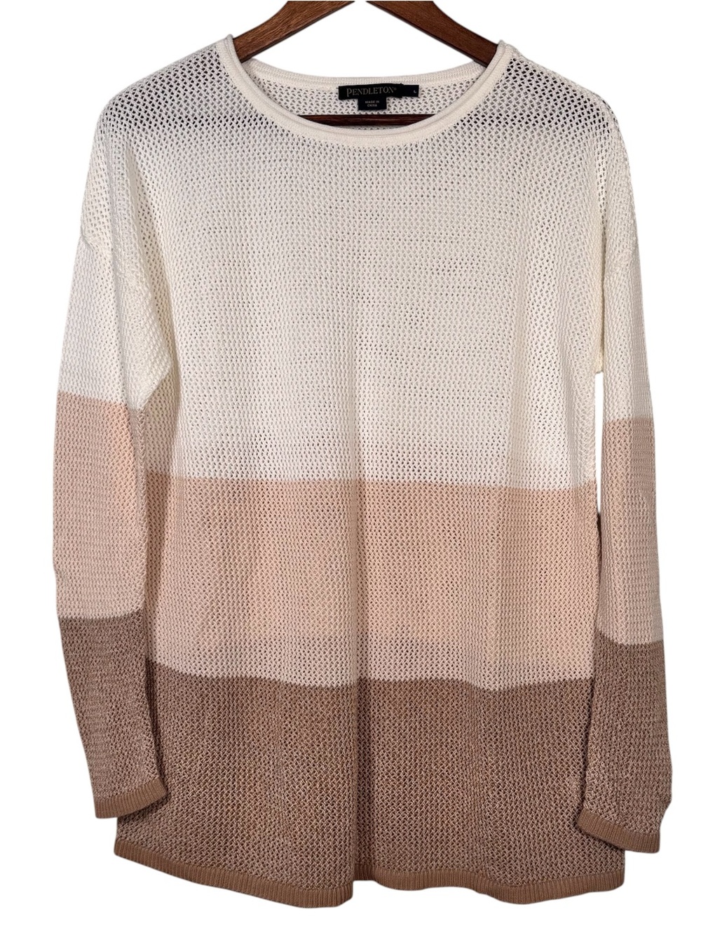 Pendleton Colorblock Open Knit Sweater L Off White Brown Coastal  Retro Beach